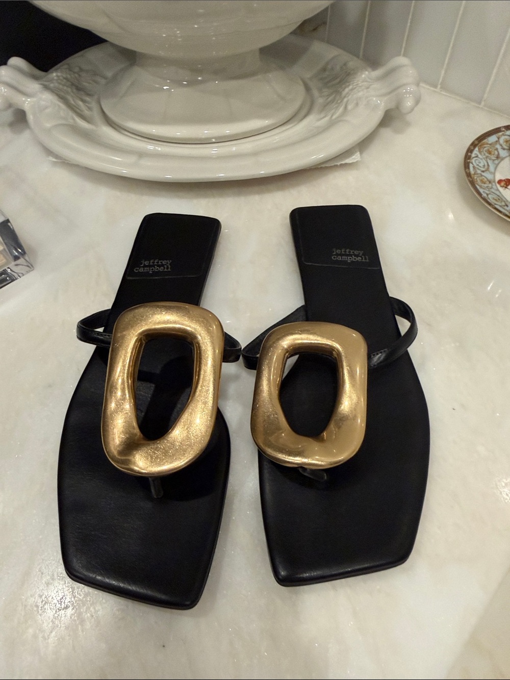 Jeffrey Campbell Black Sandals with Gold Sculptural Buckle